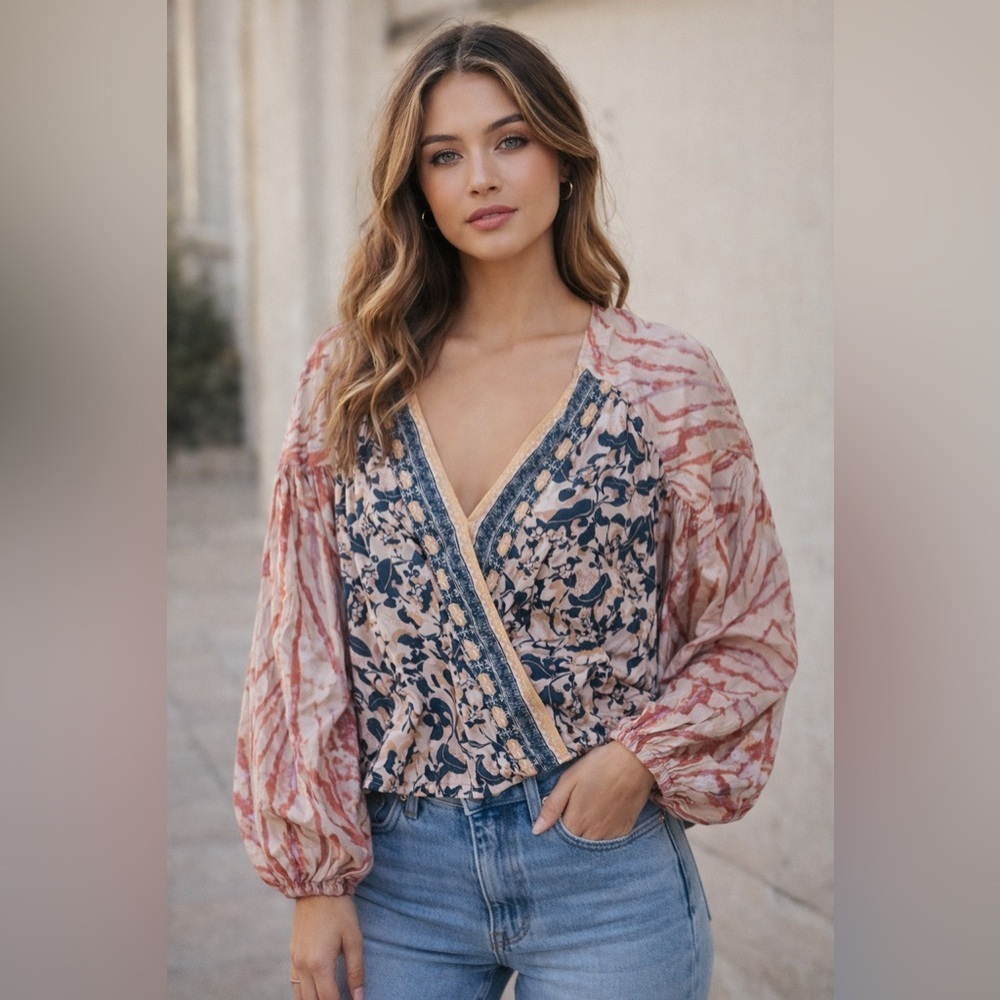 Free People Mixed Print Wrap Blouse in Blush and Navy